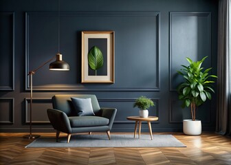 Fototapeta premium Dark Wall Minimal Art Mockup Featuring a Contemporary Design with Balanced Composition and Subtle Textures for Modern Interior Spaces