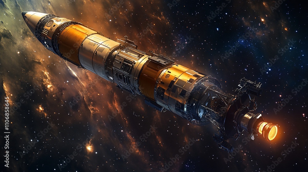 Poster a futuristic spacecraft in a cosmic setting, showcasing advanced technology.