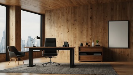 Modern office with a large wooden desk, computer, chair, and blank square poster on the wood-paneled wall