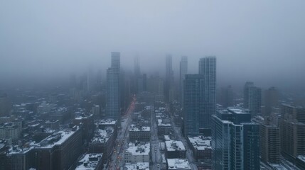Foggy skyline of a city with skyscrapers in the distance