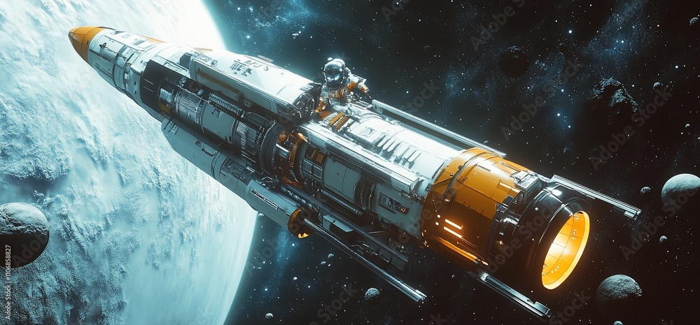 Poster A futuristic spacecraft navigating through an asteroid field in space.