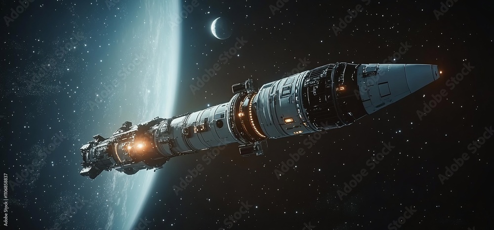 Poster a futuristic spacecraft orbiting a planet, showcasing advanced technology.