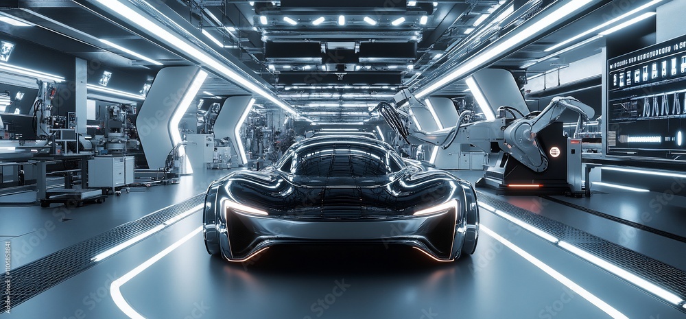 Aufkleber a futuristic car in a high-tech workshop with robotic assistants.