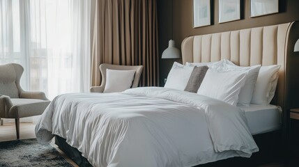 A luxurious hotel bedroom featuring elegant furnishings, plush bedding, and stylish decor for a five-star experience