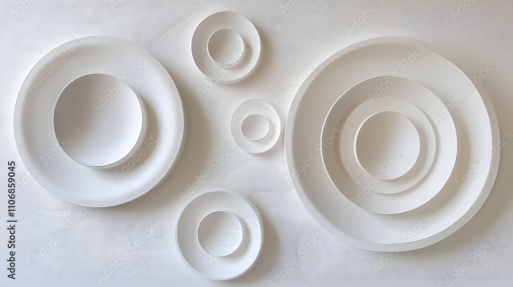 Poster a minimalist 3d canvas art with smooth, layered circles in varying sizes, from white to deep navy, c