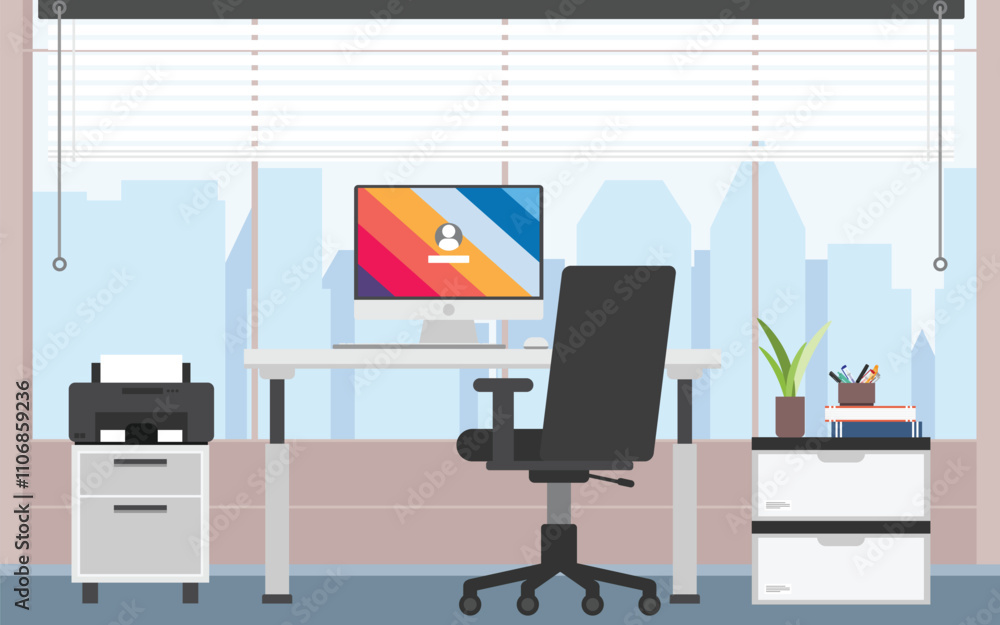 Poster working desk background on front view, clean working space wide floor to ceiling window with city vi