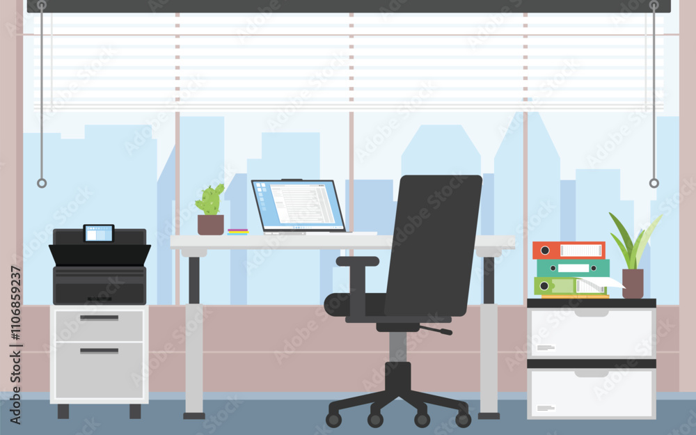 Poster working desk with laptop on front view, working space wide floor to ceiling window with city view, o