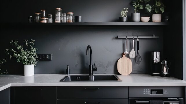 A minimalist kitchen with clean surfaces, a monochromatic color scheme, and organized storage solutions