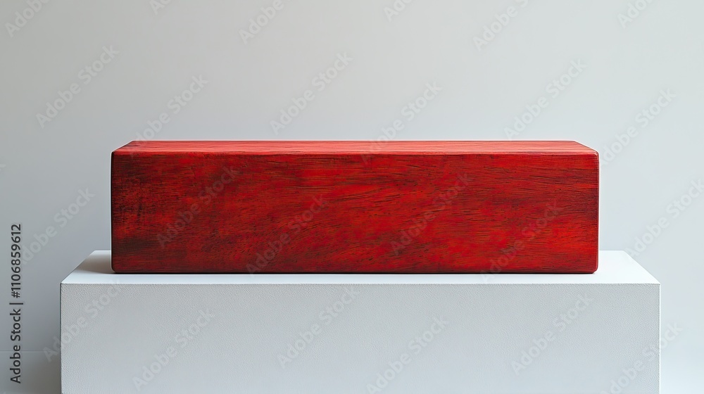 Poster a rectangular red wooden block displayed on a white background with a minimalist aesthetic
