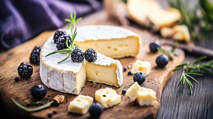 Artistic arrangement of cheese and blackberries