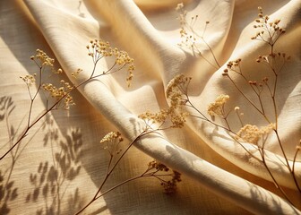 Delicate Plant Shadows Gracefully Dancing Across Beige Fabric in a Close-Up Panoramic View, Capturing Nature's Elegance and Light Play in a Serene Atmosphere