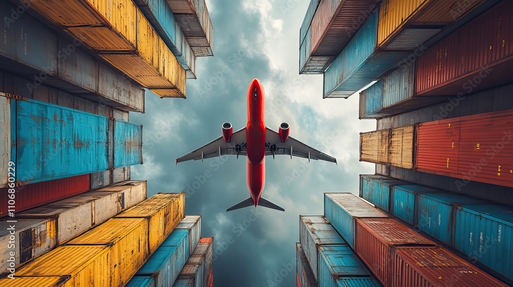Aufkleber a red cargo plane flies centered between two colorful rows of shipping containers viewed from a fron