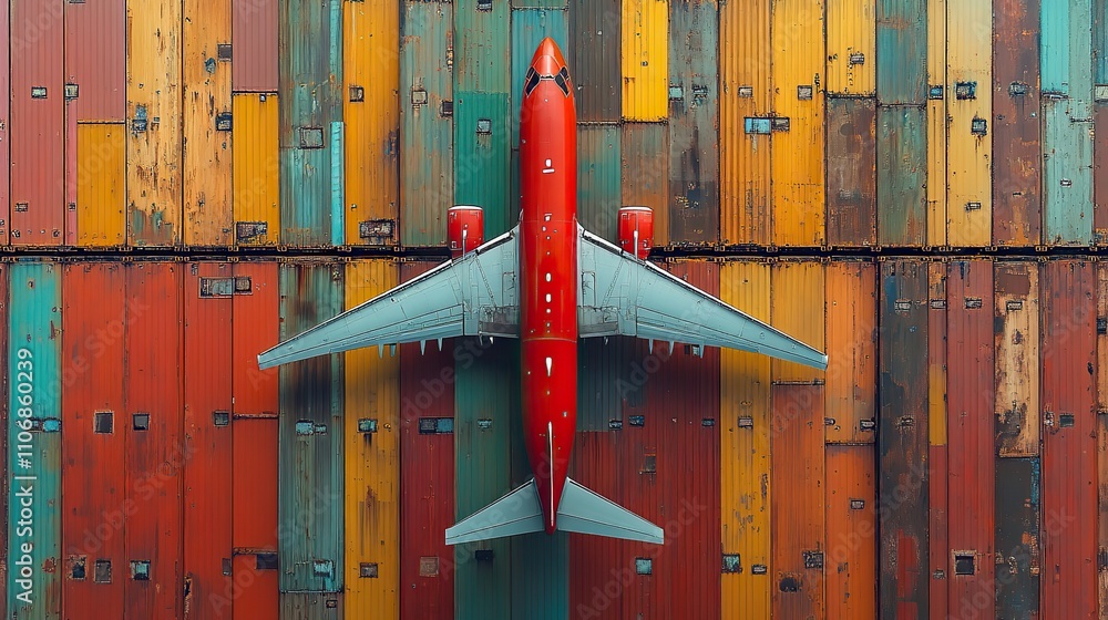 Aufkleber a red cargo plane flies centered between two colorful rows of shipping containers viewed from a fron