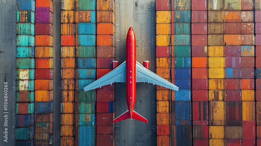 Poster a red cargo plane flies centered between two colorful rows of shipping containers viewed from a fron