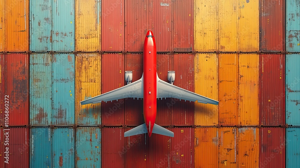 Aufkleber a red cargo plane flies centered between two colorful rows of shipping containers viewed from a fron