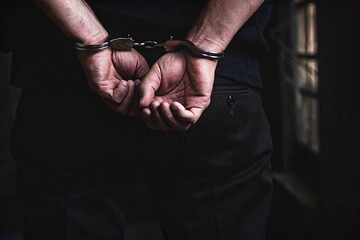 Person hands cuffed behind their back with shiny metal handcuffs, wearing dark clothing, standing in a dimly lit area with a shadowy background.