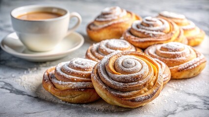 Fototapeta premium Cinnamon swirl Danish pastries with coffee cup