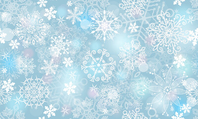 Vector seamless pattern with snowflakes and bokey on a blue background. Christmas and New Year design