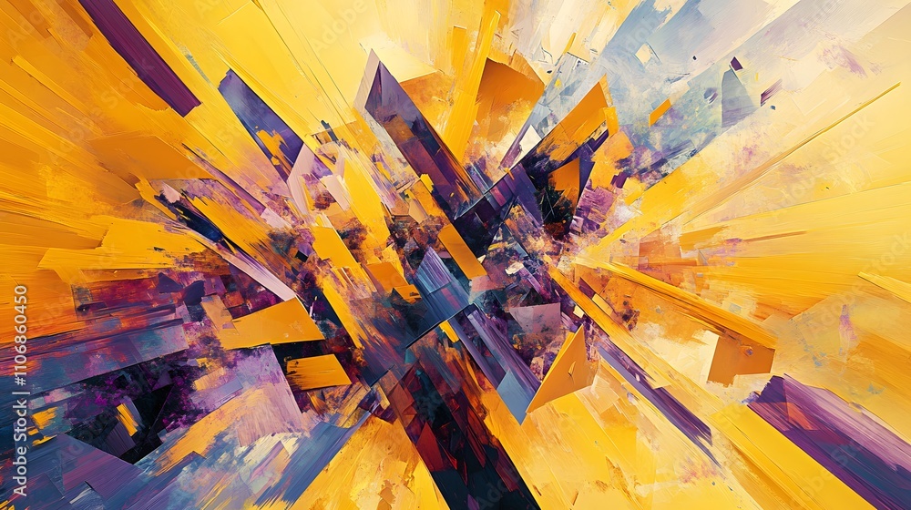 Poster a 3d canvas art with fragmented geometric patterns in bright yellows and deep purples, layered to cr