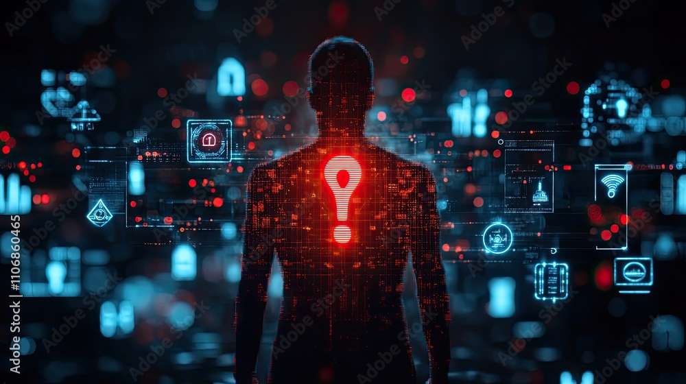 Aufkleber a red exclamation mark in a triangle surrounded by cybersecurity icons on a black background with bl