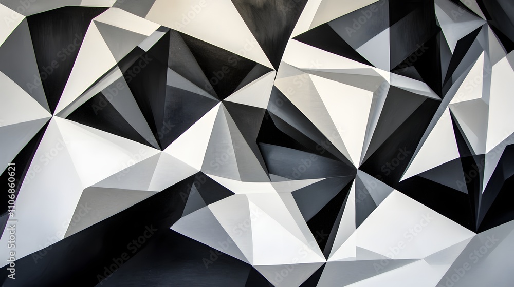 Poster a 3d modern art piece with sharp triangular shapes in black, white, and gray, layered to form a thre