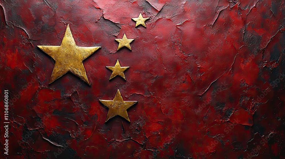Poster a red flag with yellow stars displayed against a textured background
