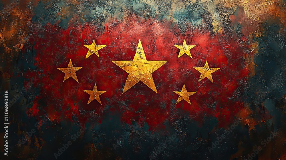 Poster a red flag with yellow stars displayed against a textured background