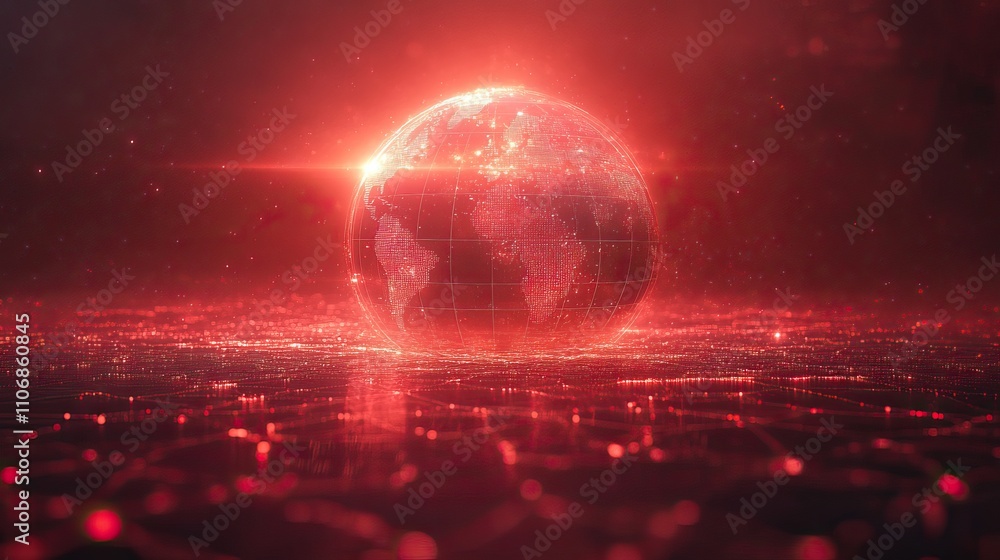 Poster a red gradient background with a digital globe at the center, representing global technology