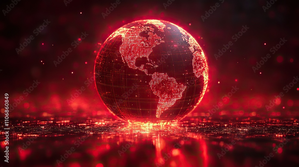 Poster a red gradient background with a digital globe at the center, representing global technology