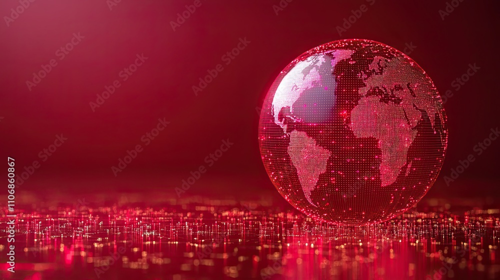 Poster a red gradient background with a digital globe at the center, representing global technology