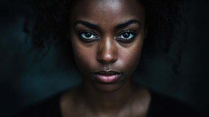 A moody portrait of a woman with a serious expression, capturing her intensity in a dark setting