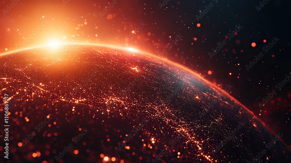 Aufkleber a red gradient background with light effects features a planet earth composed of dots