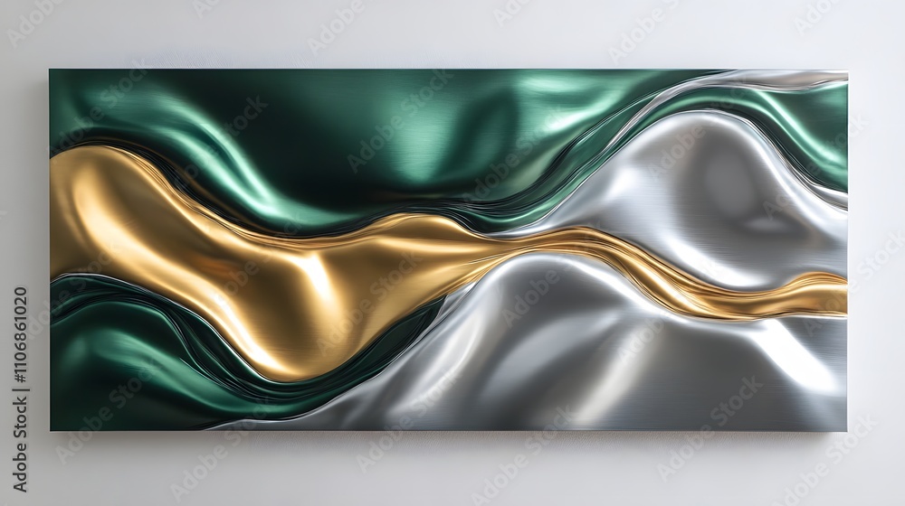 Poster a surreal 3d canvas art with abstract fluid shapes in deep green, gold, and silver, creating a sense