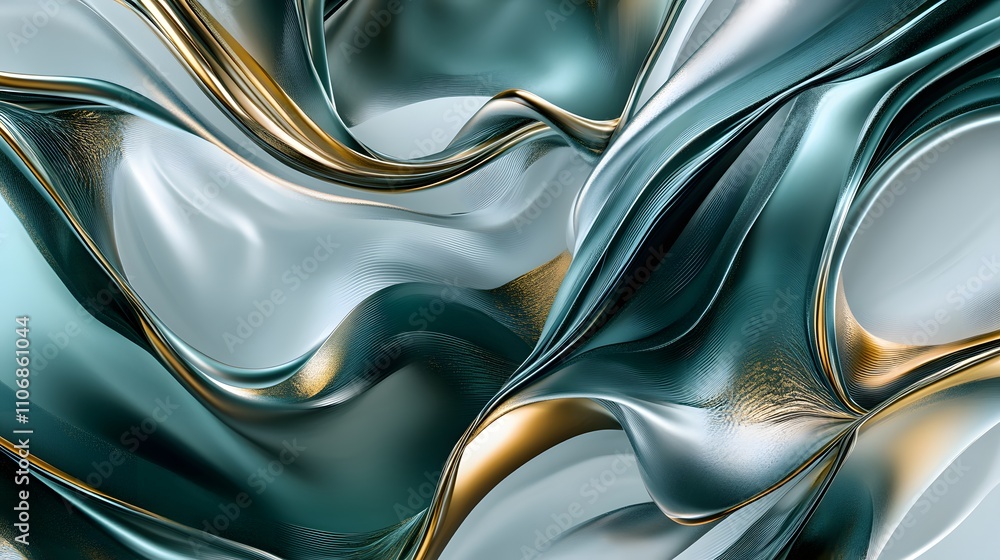 Poster a surreal 3d canvas art with abstract fluid shapes in deep green, gold, and silver, creating a sense