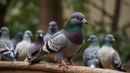 Fototapeta premium A flock of pigeons perched on a stone ledge.