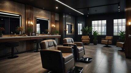 Fototapeta premium Modern barber shop interior with dark wood, leather chairs, and large windows.