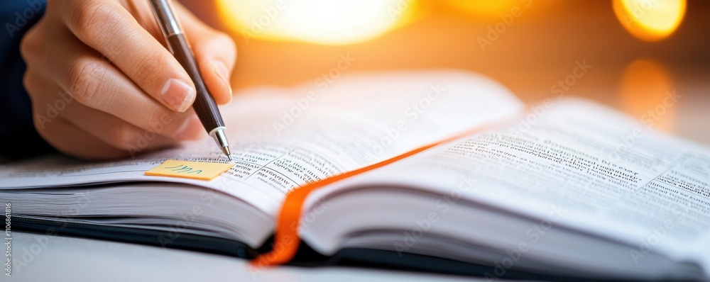 Poster tax planning deduction concept. a person writes notes in a book, with a soft background light creati