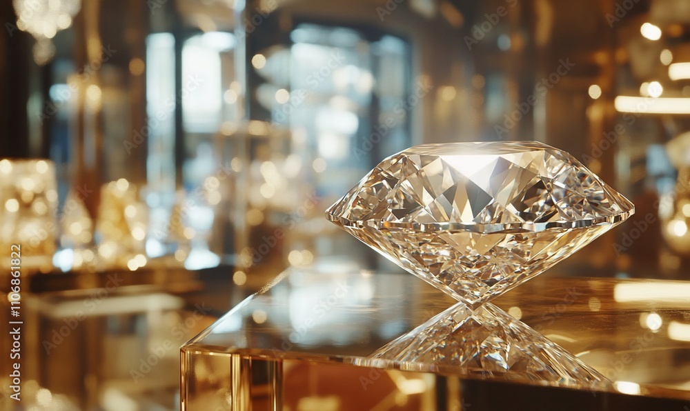 Poster a large, sparkling diamond displayed in a luxurious setting.