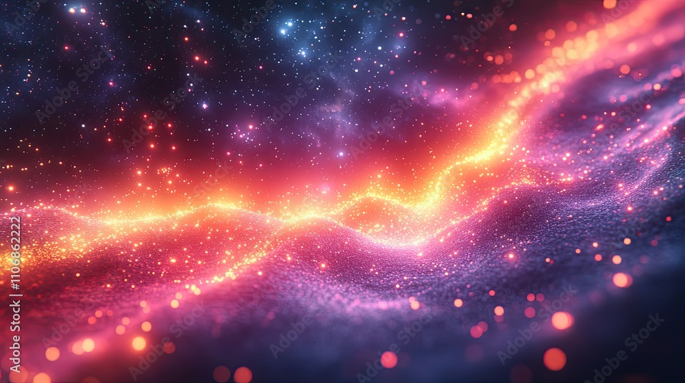 Poster a retro-inspired asteroid field video game scene is rendered in virtual reality, with colorful light