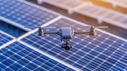  Tax planning deduction concept.  A drone hovers above solar panels, showcasing the integration of technology and renewable energy in modern environments.
