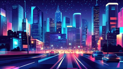 Fototapeta premium A vibrant city skyline at night with illuminated buildings and busy roads.