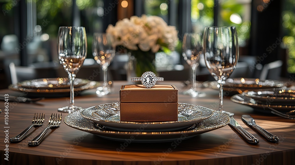 Poster a ring in a box atop a wooden table setting adds elegance to the display