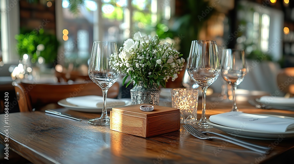 Poster a ring in a box atop a wooden table setting adds elegance to the display
