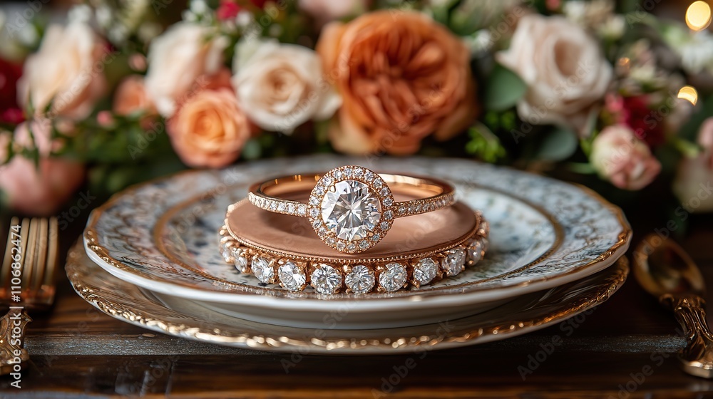 Poster a ring in a box atop a wooden table setting adds elegance to the display