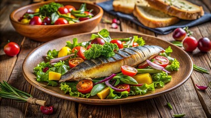 Delicious Mackerel Bread with Fresh Salad Garnished with Herbs, Served on a Wooden Table, Capturing the Vibrant Colors and Textures of the Dish in a High Depth of Field Focus