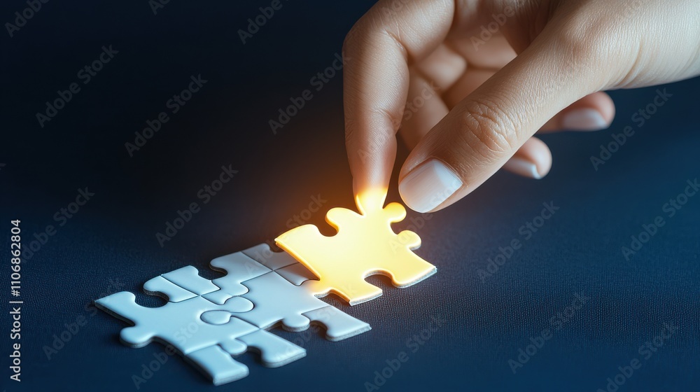 Poster a hand placing a glowing puzzle piece into a nearly complete puzzle on a dark surface, symbolizing p