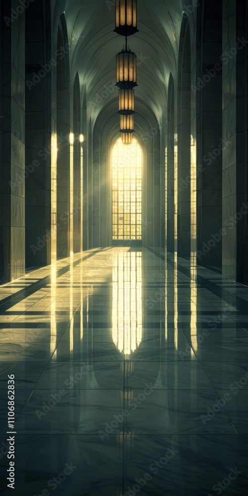 Poster light streaming through a grand hallway creates a serene atmosphere in a spacious architectural spac