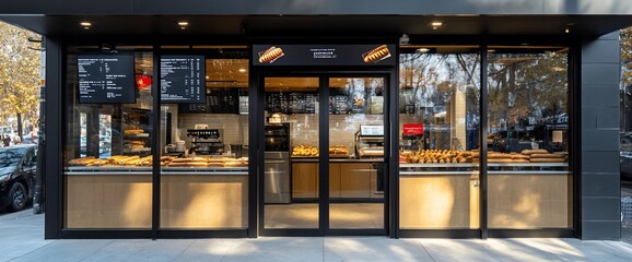 A modern bakery storefront with large glass windows and pastries displayed.