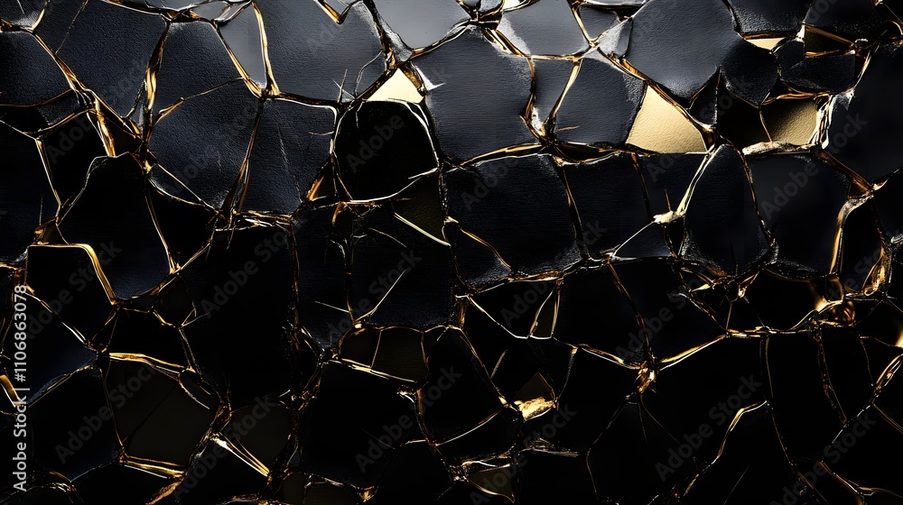 Poster a 3d canvas art piece featuring jagged, fragmented shapes in black and gold, layered in a way that c