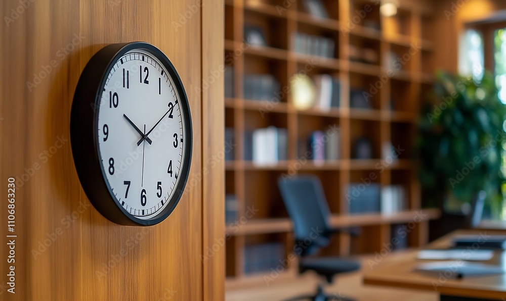 Poster a modern office space featuring a wall clock and bookshelf.